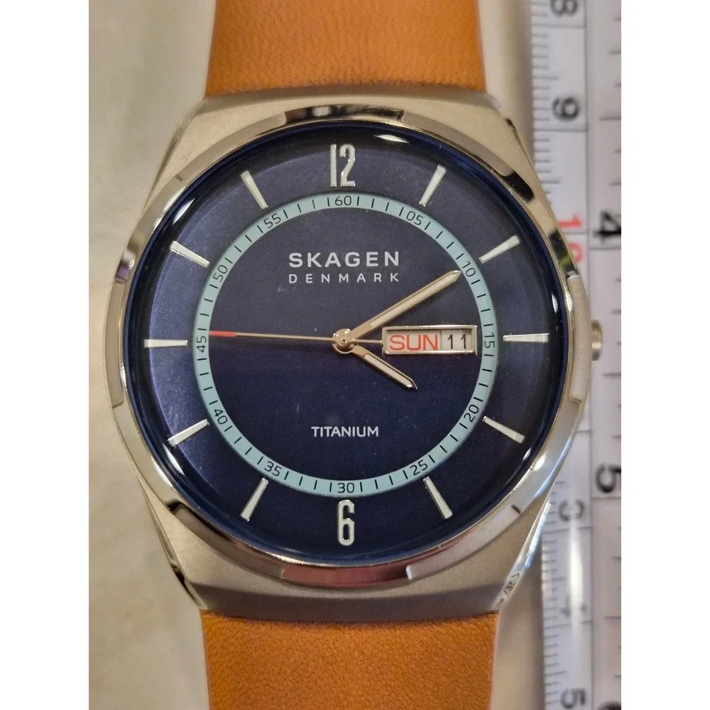 Skagen Melbye Mens Titanium Watch Blue Dial Brown Leather Strap SKW6906 New - Picture 4 of 9